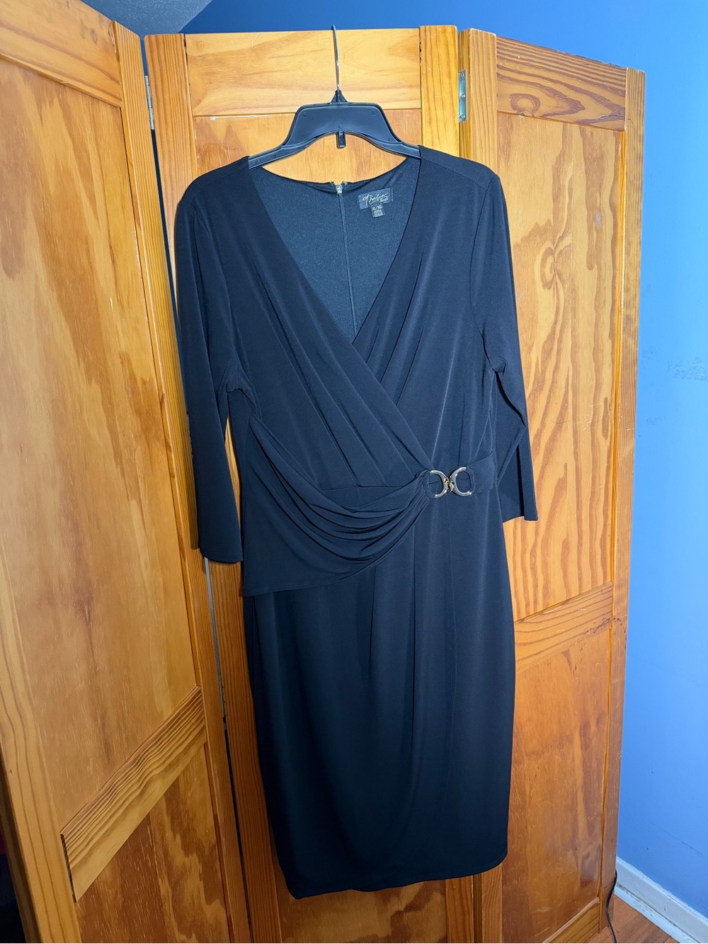 Thalia Sodi Black Faux-Wrap Dress with Double-Buckle Detail | Size XL